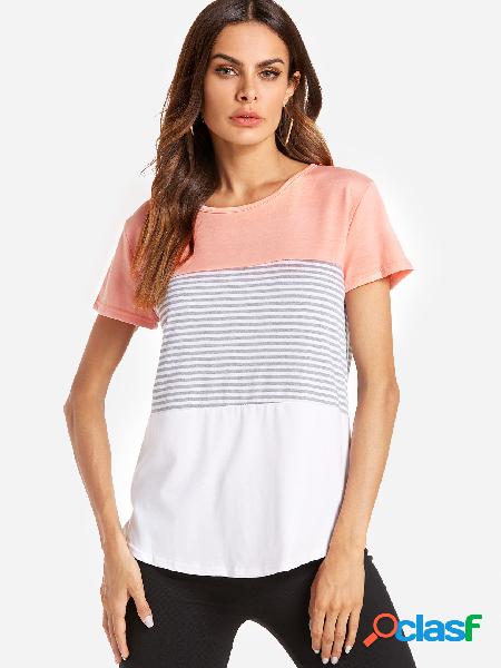 Pink Stitching Stripe Pattern T-shirt with Contrast Color