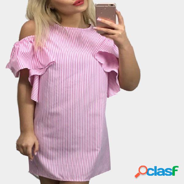 Pink Stripe Cold Shoulder Flouncy Details Dress