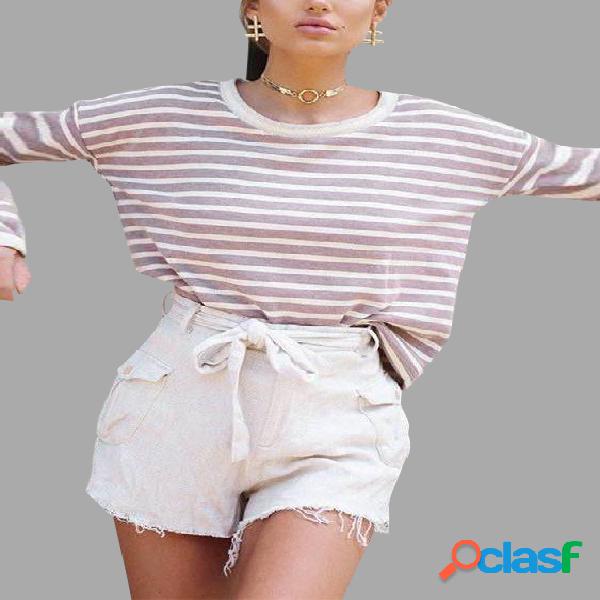 Pink Stripe Round Neck Long Sleeves T-shirt