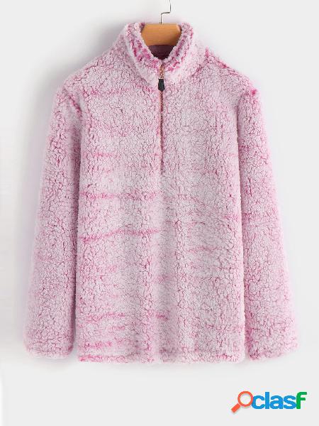 Pink Zip Design Fluffy Faux Fur Long Sleeves Sweatshirt