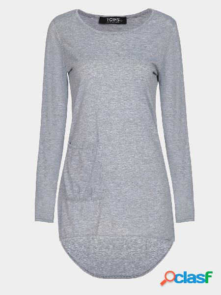 Plain Grey Color Pocket Front Irregular Hem Casual Dress