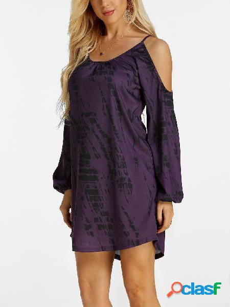 Purple Contrast Printed Cold Shoulder Long Sleeves Dresses