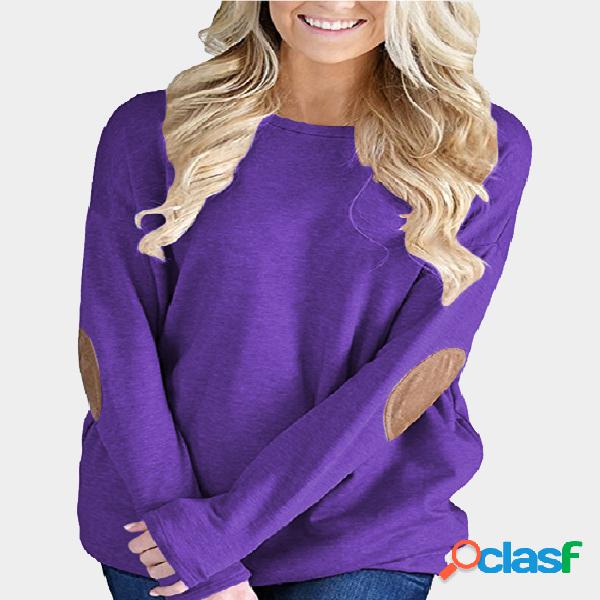 Purple Elbow Patch Round Neck Long Sleeves Top