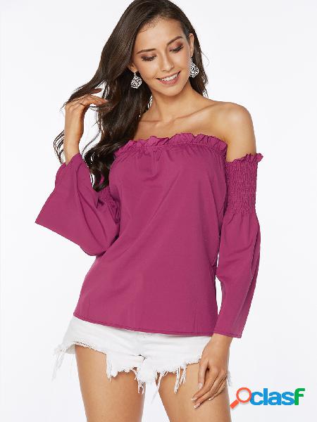 Purple Pleated Design Plain Off The Shoulder Bell Sleeves