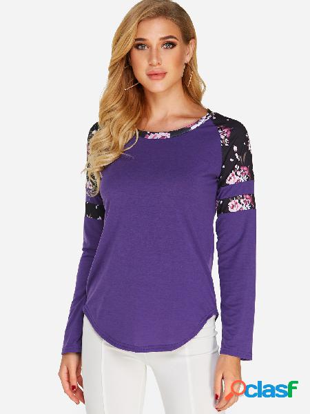 Purple Random Floral Print Crew Neck Long Sleeves T-shirts