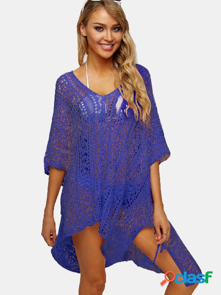Purple V-neck Crochet Hollow Out Knitted Beachwear