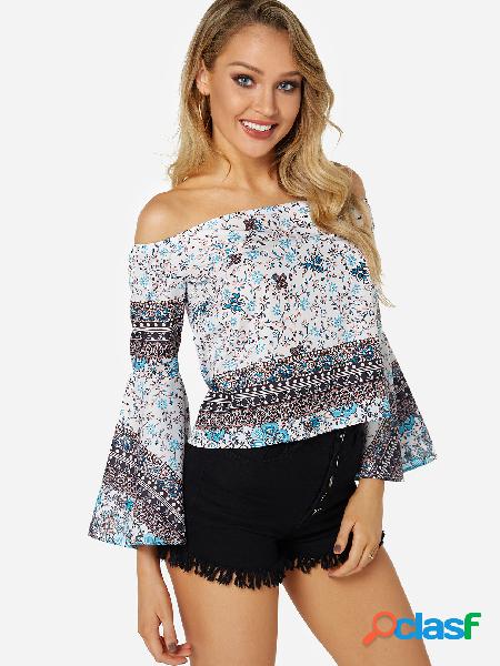 Random Floral Print Off Shoulder Long Bell Sleeves Blouse