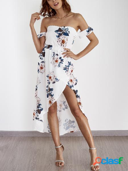 Random Floral Print Off Shoulder Slit Hem Maxi Dress in