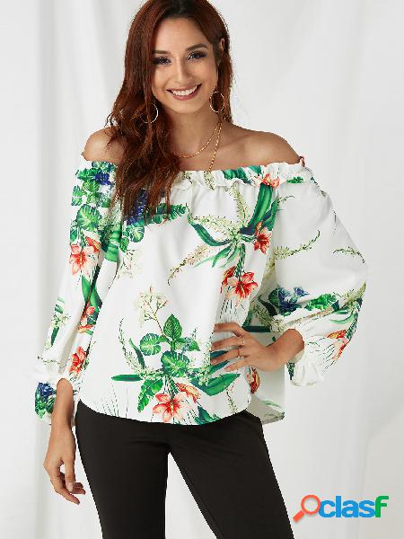 Random Floral Print Off The Shoulder Lantern Sleeves Top