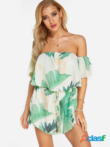 Random Floral Print Overlay Off-the-shoulder Playsuit