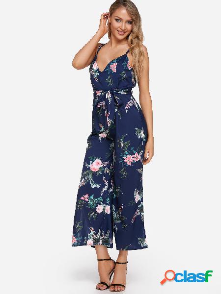 Random Floral Print Plunge V-neck & Side Splits Jumpsuit in
