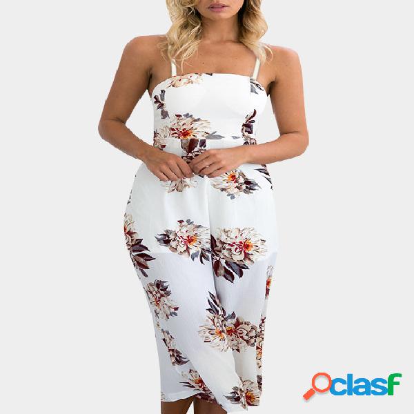 Random Floral Print Wide Leg Jumpsuit in White