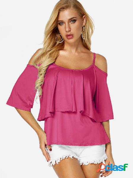 Red Cold Shoulder Half Sleeves Casual T-shirt