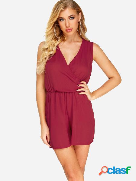 Red Crossed Front Design V-neck Stretch Waistband Playsuit