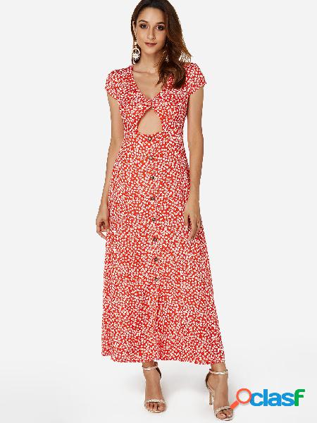 Red Cut Out Random Floral Print V-neck Short Sleeves Dress