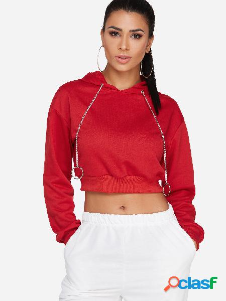 Red Hooded Design Plain Round Neck Long Sleeves Hoodie