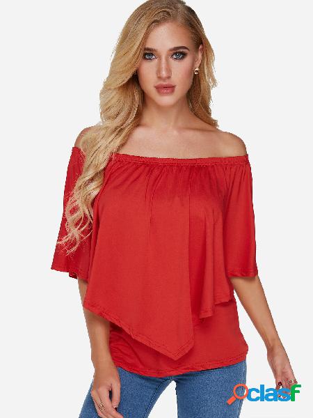 Red Off-the-shoulder Overlay Half Sleeves T-shirt