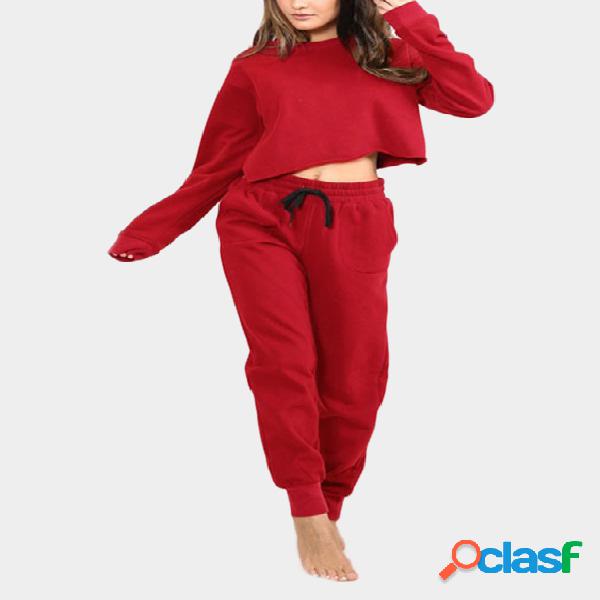 Red Round Neck Top & Drawstring Waist Pants Two Piece
