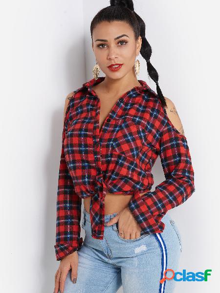 Red Self-tie Design Grid Cold Shoulder Long Sleeves Blouse