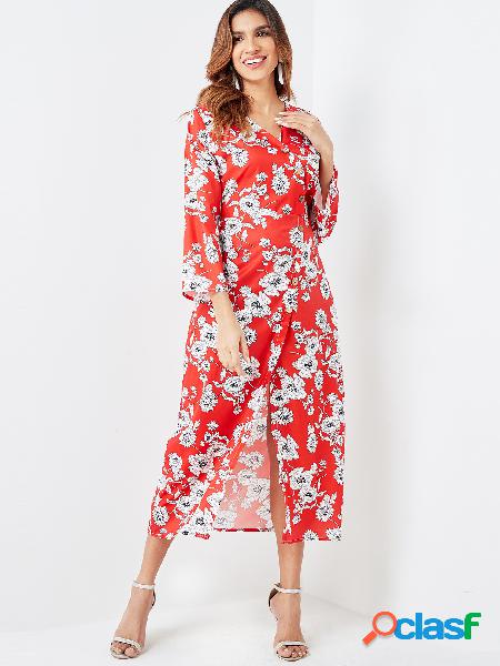 Red Single Breasted Random Floral Print Surplice Dress