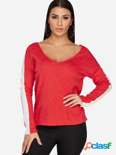 Red Stitching Design V-neck Long Sleeves Sweaters
