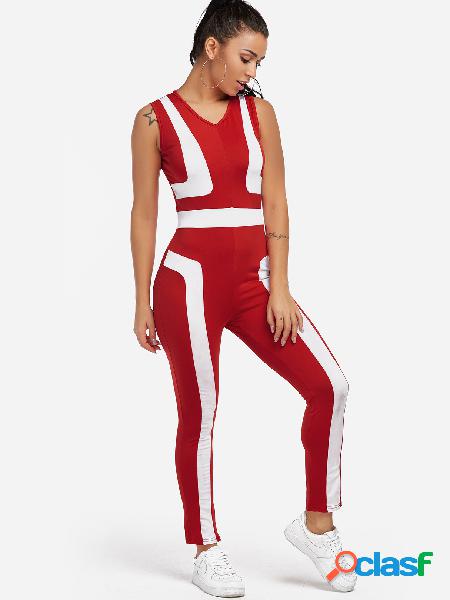 Red Zip Back Design Stripe V-neck High-waisted Tracksuit