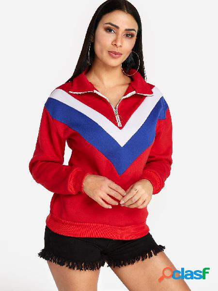 Red Zip Design Long Sleeves Stripe Details Sweatshirt
