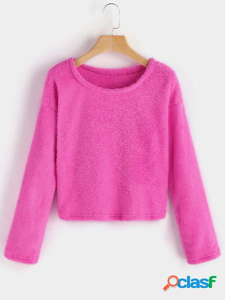 Rose Coral Velvet Round Neck Long Sleeved Crop Sweatshits