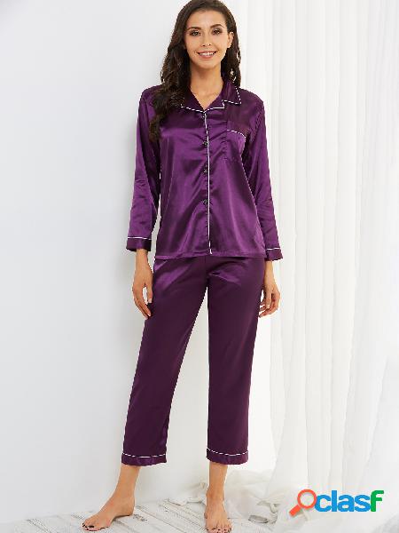 Rose Satin Contrast Piping Pocket Front Long Sleeves Pajamas