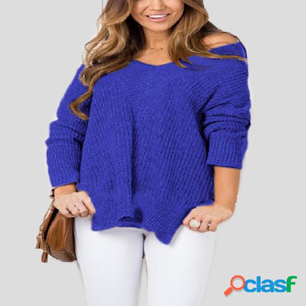 Royalblue Slit Design V-neck Long Sleeves Sweater