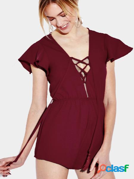 Semi Sheer Open Back Elastic Waist Playsuit