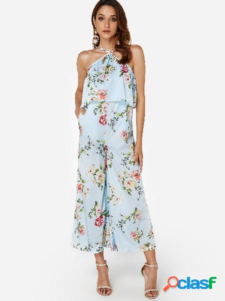 Sky Blue Floral Print Halter Cape Design Wide Leg Jumpsuit