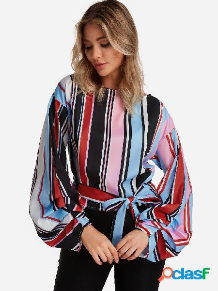 Stripe Self-tie Design Round Neck Lantern sleeves Blouses