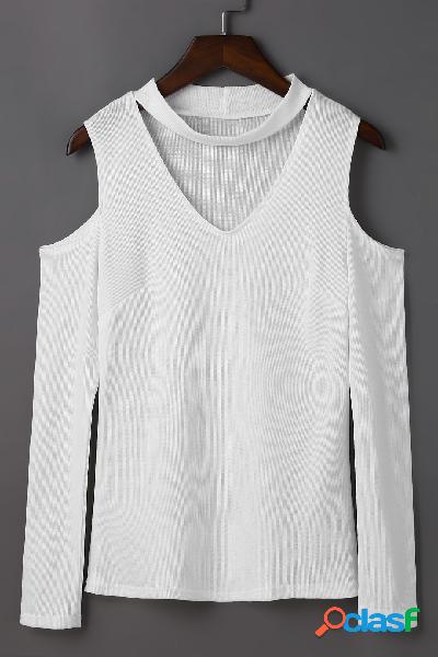 V-neck Front Cold Shoulder Thermal Top in White