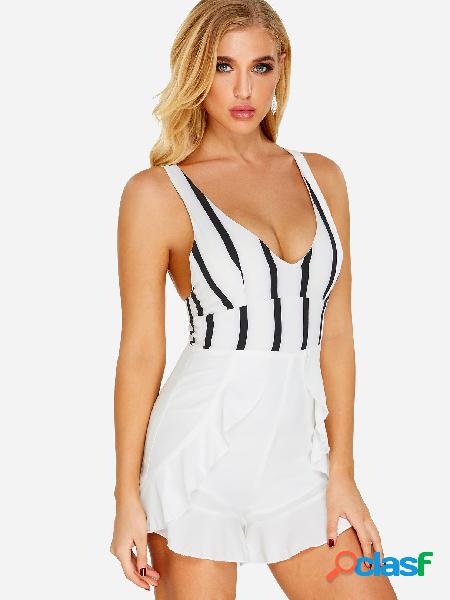 V-neck Stripe Pattern Flounced Hem Playsuit with Cut Out