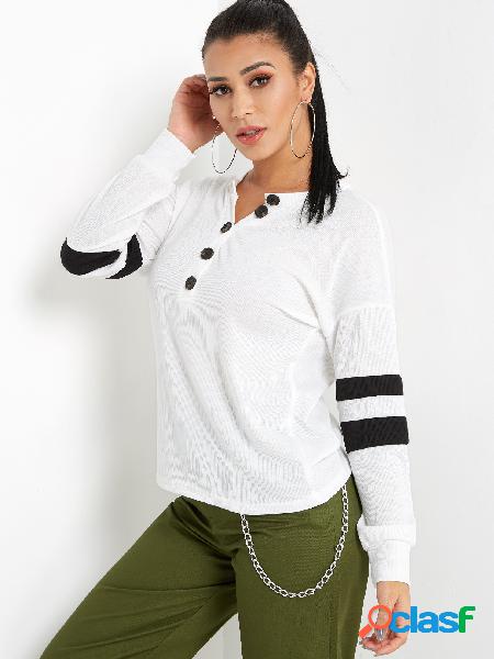 White Button Design Stripe V-neck Long Sleeves Tee