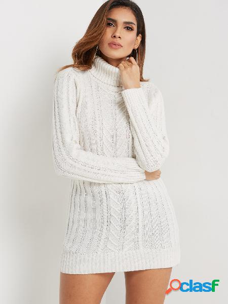 White Cable Knit High Neck Long Sleeves Sweater Dress