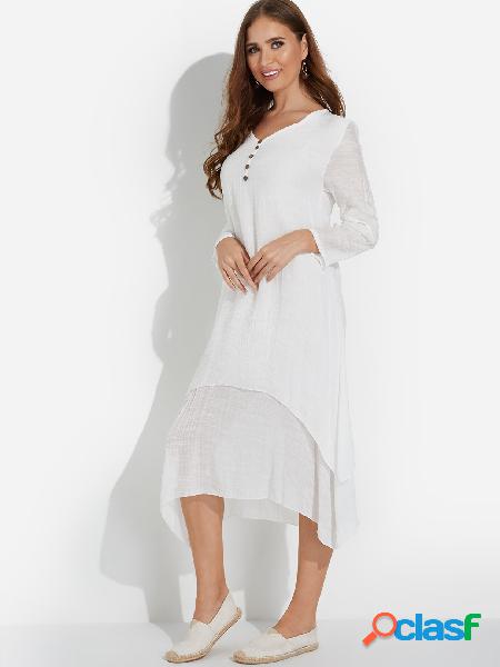 White Casual Button-down Irregular Layered Hem Maxi Dress