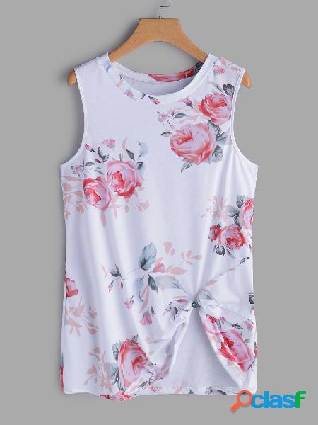 White Crossed Front Design Random Floral Print Round Neck