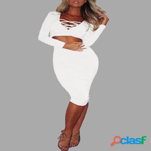 White Lowcut V-neck Criss-cross Front Bodycon Two Piece