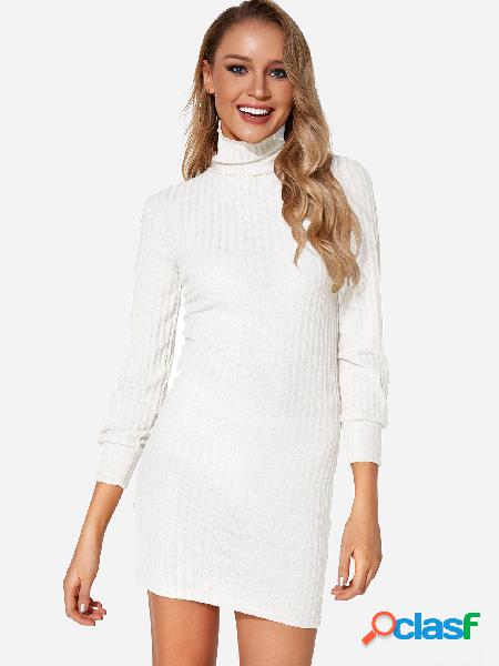 White Plain Turtleneck Long Sleeves Sweater Dress