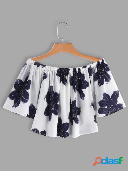 White Random Floral Print Off Shoulder 3/4 Length Bell