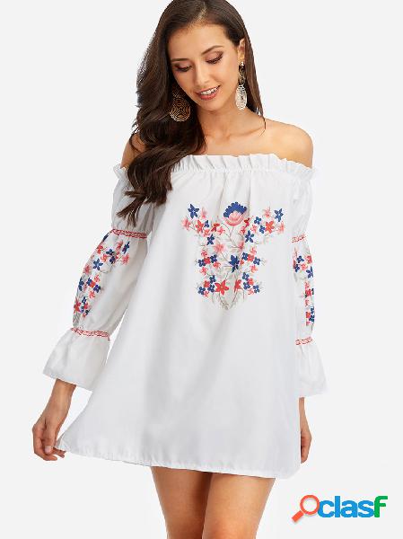 White Random Floral Print Off The Shoulder 3/4 Length