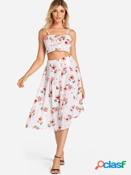 White Random Floral Print Self-tie Design Top & Midi Skirt