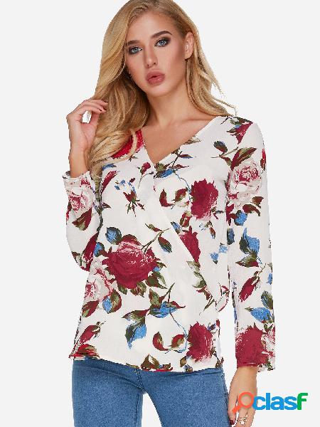 White Random Floral Print V-neck Long Sleeves Top