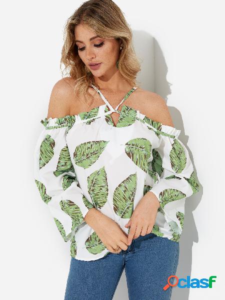 White Random Leaf Print Halter Long Sleeves Blouse