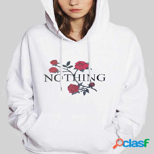 White Rose Print Long Sleeves Hoodie