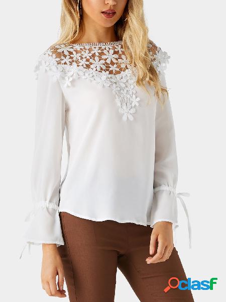 White Round Neck Bell Sleeves Embroidered Blouses
