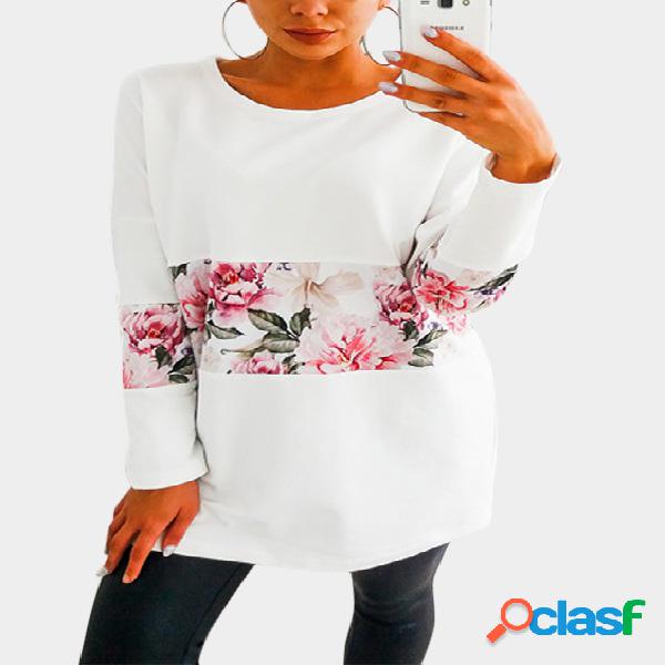 White Round Neck Colorblock Floral Print Tee