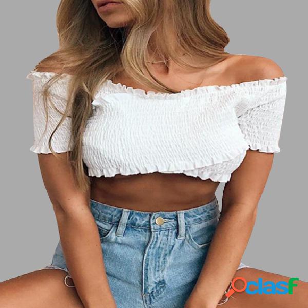 White Shirring Crossed Front Off Shoulder Crop Top